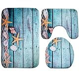 GBSELL 3pcs/set Bathroom Non-Slip Blue Ocean Style Pedestal Rug + Lid Toilet Cover + Bath Mat (A)