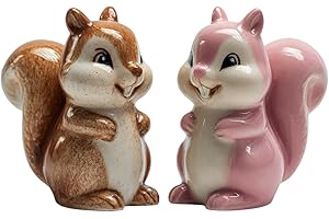 Bicuzat Ceramic Squirrels Salt Pepper Shakers Set, 2 PCS Set of Animal Salt and Pepper Shakers, Brown and Pink