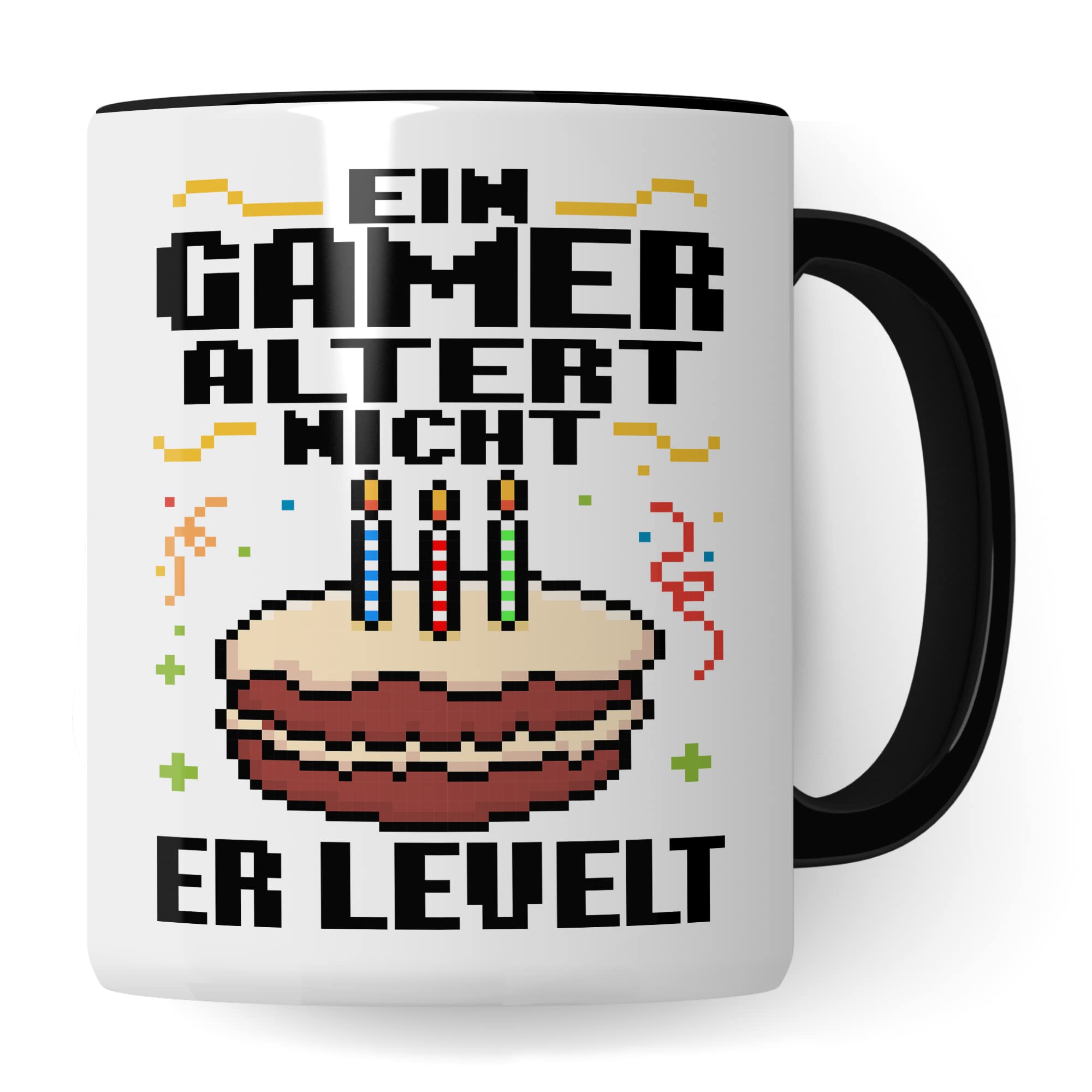 Gamer Tasse, Ein Gamer altert nicht - Er levelt Geschenkidee für Computerspieler, Gaming-Fans und Zocker Geschenk Kaffee-Becher Nerd Gaming Kaffeetasse mit Spruch lustig (Weiß/Schwarz)