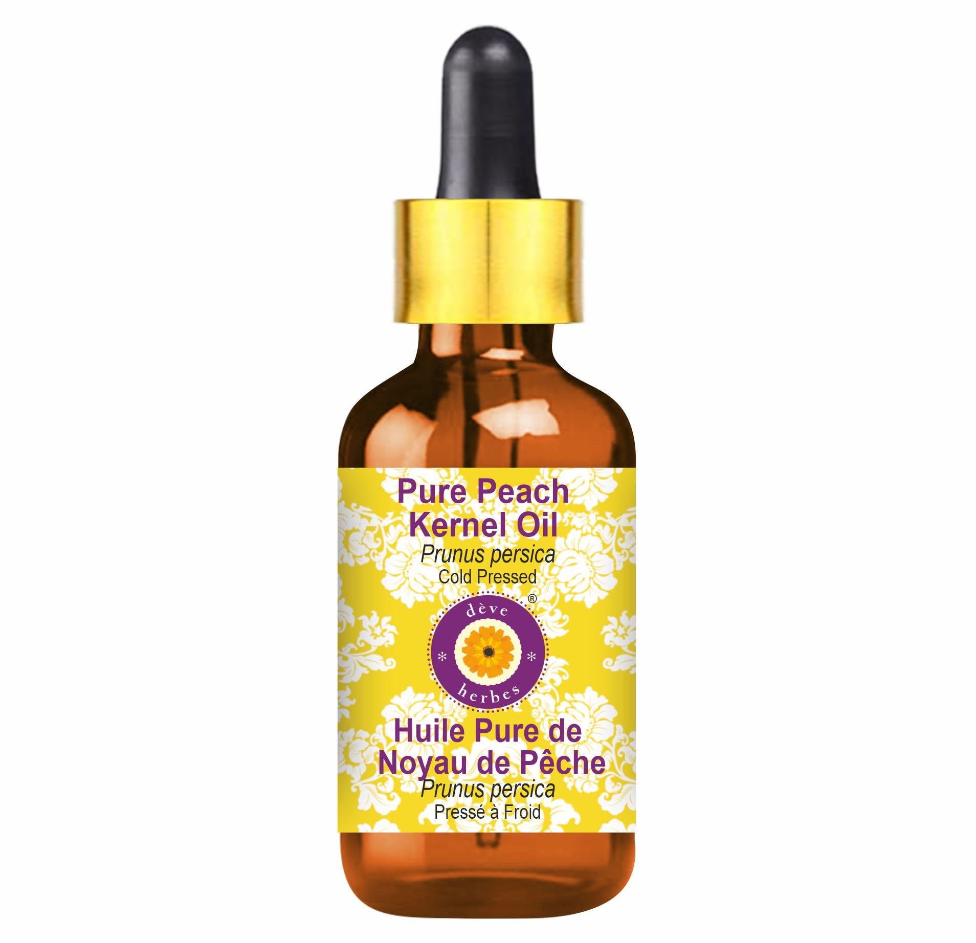 Deve Herbes Pure Peach Kernel Oil (Prunus persica) Non-Sticky | Non-Greasy | For Skin, Hair, Massage & DIY Use 30ml with Glass Dropper