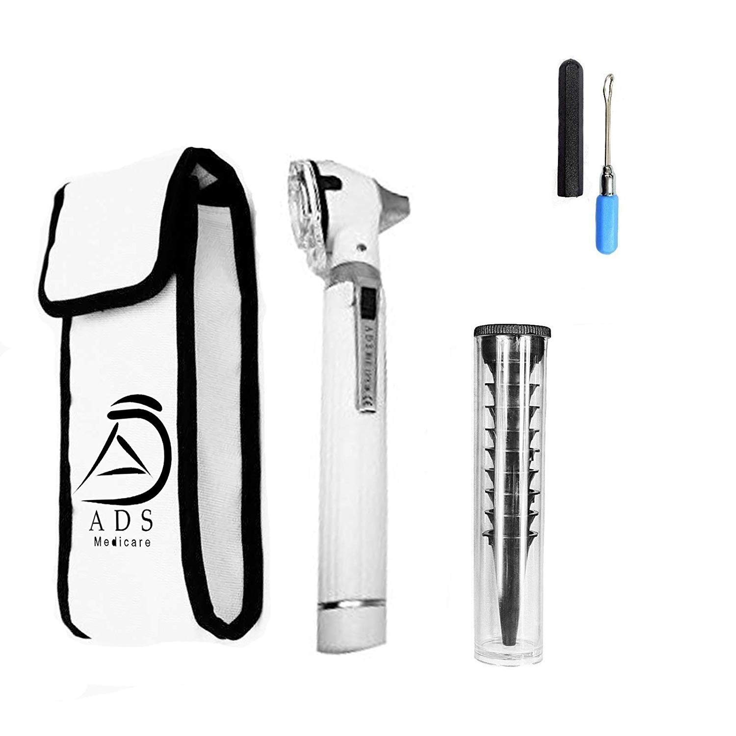 ADS Medicare Mini Otoscope ENT Optical Fibre LED Illumination Medical Tool Diagnostic Examination CE Approved with Complimentary Ear Cleaner & Spare Bulb (White)