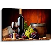 Wine Canvas Wall Art Kitchen Wall Decor Framed for Dining Room Bar Housewarming Vineyard Grape Harvest Picture Antique Oak Barrel & Wine Bottle Painting Prints - 12.00