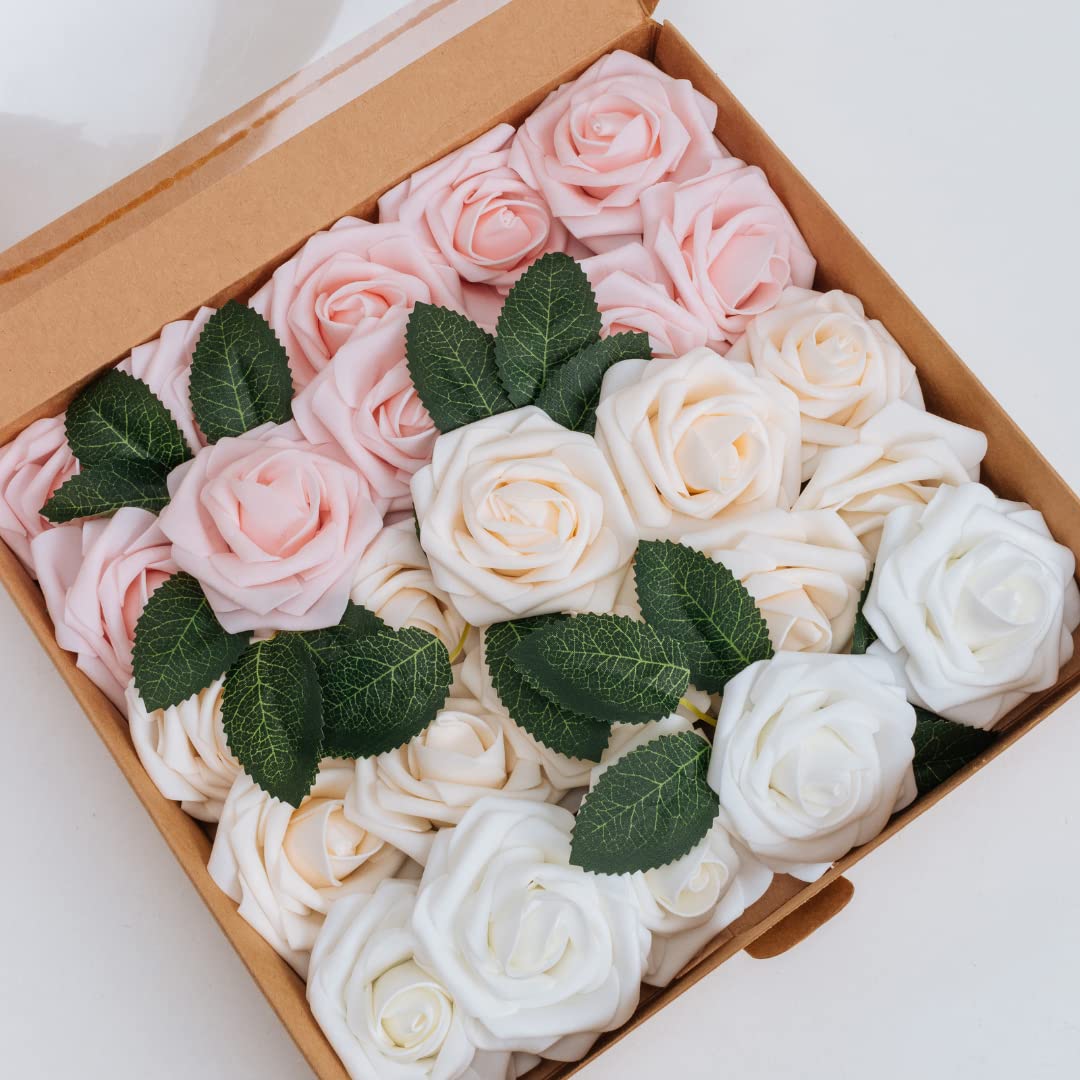 LUSSO LIA 25 pcs Decorative Artificial Flower Foam Roses with Bendable Stems for Wedding Bouquet, Anniversary, Valentine's Day, Table and Home Decoration, DIY, and Arts and Crafts (Antique Blush)