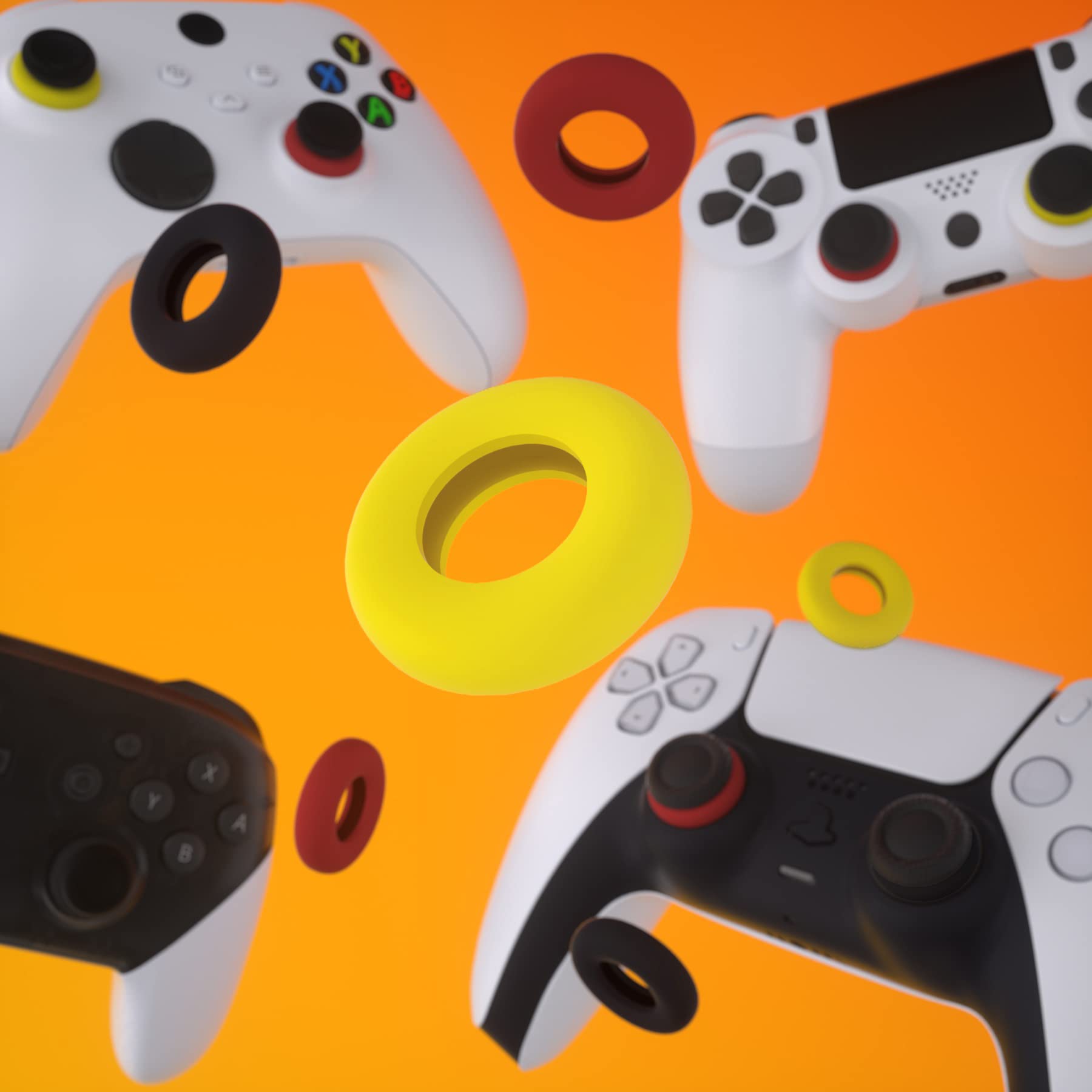 PlayVital 6 Pack Silicone Precision Rings for PS5, for PS4, for Xbox Series X/S, Xbox One, Xbox 360, for Switch 2 Pro, for Steam Deck - Aim Assist Target Motion Control, Red & Black & Yellow