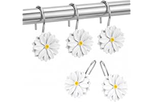 ZCHOMI 12PCS Daisy Floral Shower Curtain Hooks, White Flower Decorative Curtain Hanger, Metal Rustproof Shower Curtain Rod Ri