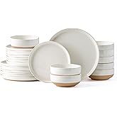 AmorArc Ceramic Dinnerware Sets for 8, 24 Pieces Handpainted Plates and Bowls Set with Rustic Terracotta Underside, Scratch Resistant Stoneware Dishes Set, Dishwasher & Microwave Safe, Light Beige