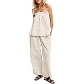 Lenader Women Summer Outfits 2 Piece Set Strapless Tube Top and Wide Leg Pants lounge Set Relaxed Off Shoulder Top Pants Set Size L