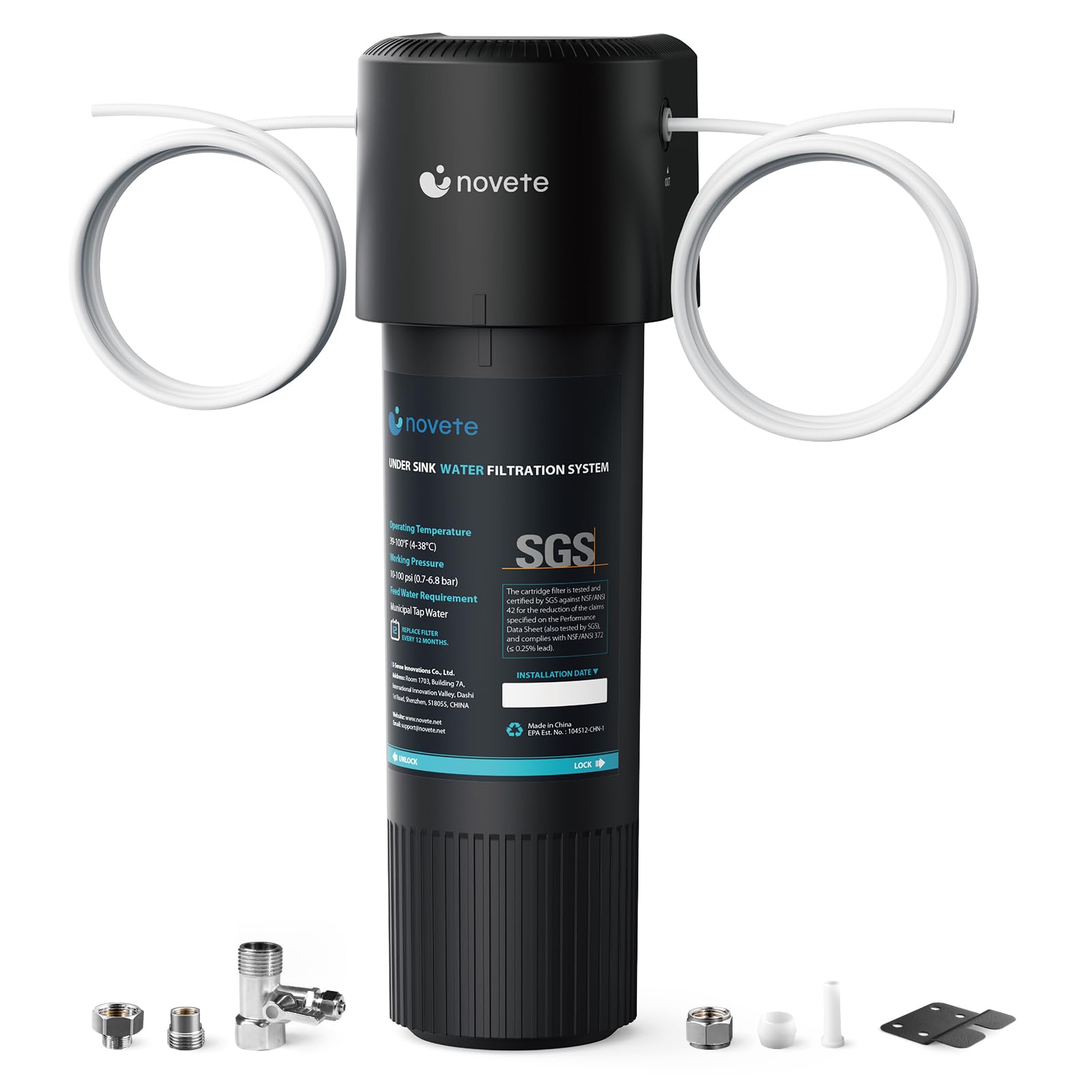 Photo 1 of NOVETE Under Sink Water Filter, 1/4" Direct Connect, Update 3 Years, 30,000 Gallons, NSF/ANSI 42/372, Reduce Chlorine, PFAS, Bad Taste, Water Filtration System, USA Tech, UWF1A_RPC, Do Not Reduce TDS
