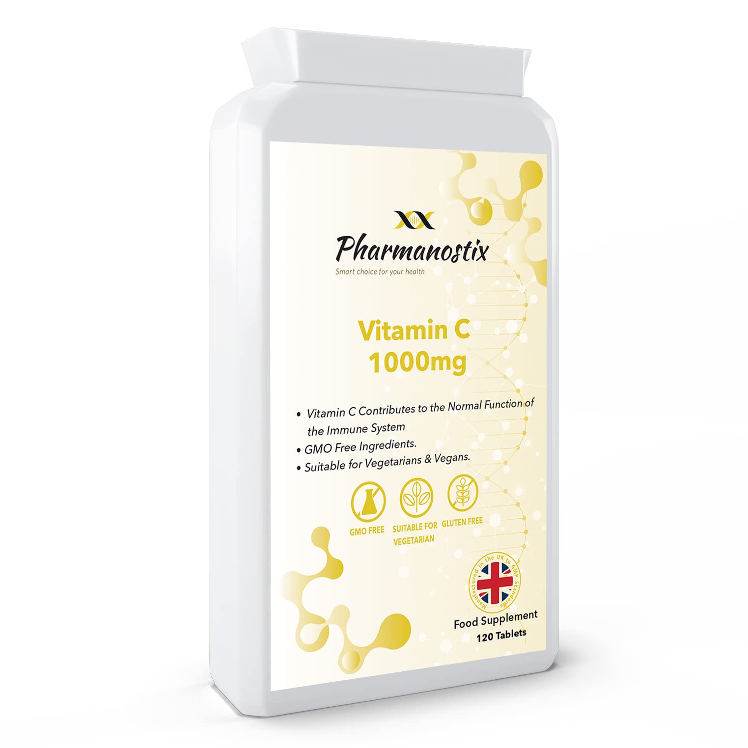 Vitamin C 1000mg (1 Gram) 120 Tablets – 4 Months Supply -Healthy Immune System- Antioxidant contributing to The Reduction of Tiredness and Fatigue –Manufactured in The UK by Pharmanostix