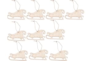 Happyyami 10pcs Hanging Wooden Christmas Tree Decorations Ornaments Unfinished Wood Christmas Sleigh Cutouts Shapes Wooden Tags Wooden Slices for DIY Craft Painting