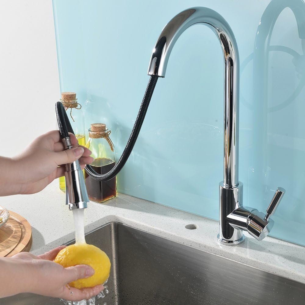 Modern High Pressure Powerful Water Flow High-arc Goose Neck Single Hole Single Handle Swivel Spout Pull Out Kitchen Taps, Polished Chrome Mixer Taps