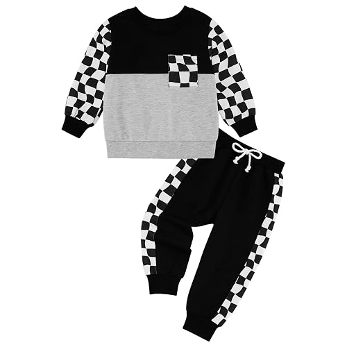 Baby Toddler Boys Sweatshirt Sets Long Sleeve Checkered Boys Outfits for Newborn Infant Boys Fall Winter Crewneck Sweatshirts Matching Color Pants Clothing Set Toddler Jogger Set Size 6M-4T