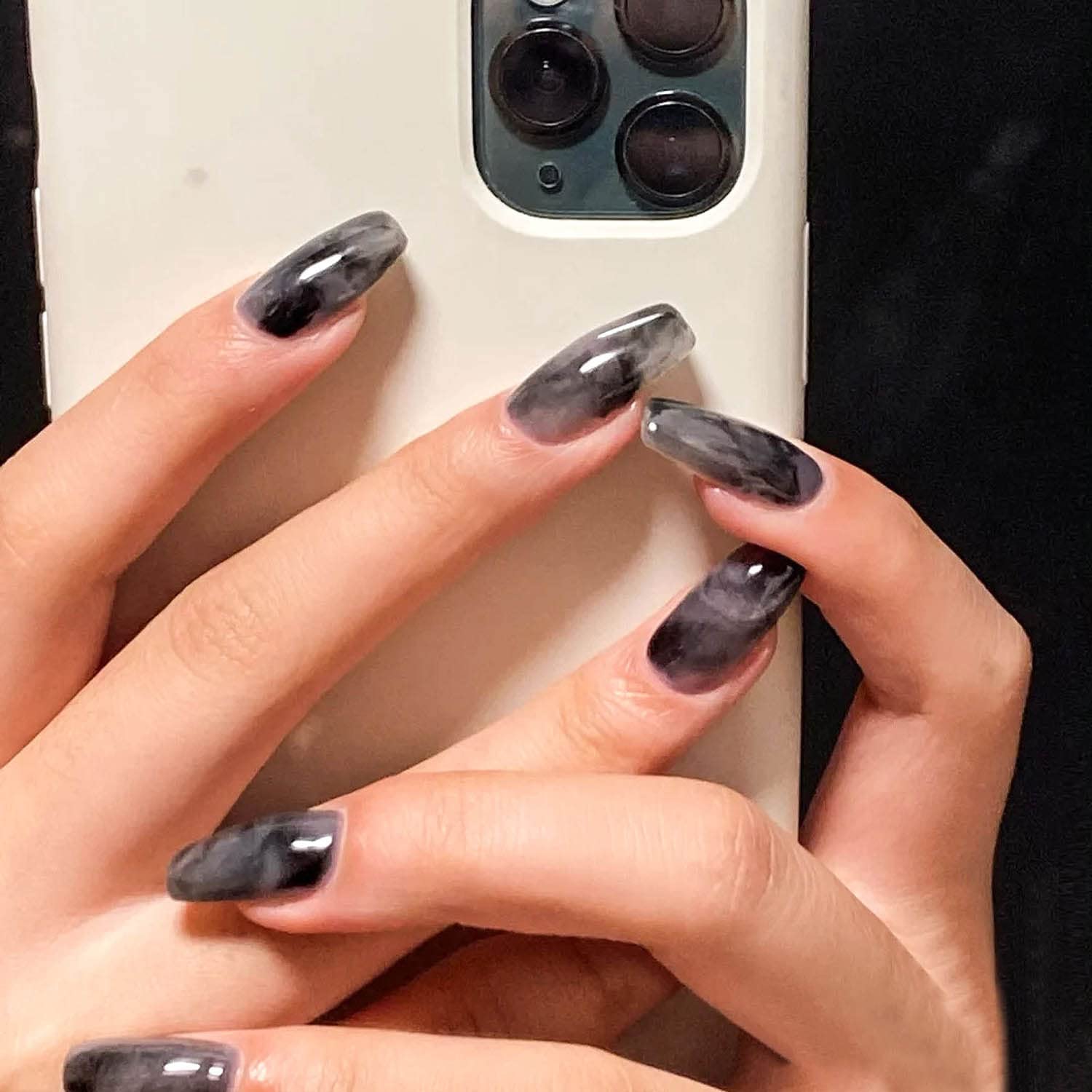 Carufin 24Pcs Black Bevel French Snake False Nails Diablo Style Acrylic Fake Nail Love Heart Artificial Press on Nails for Women Girls (D)