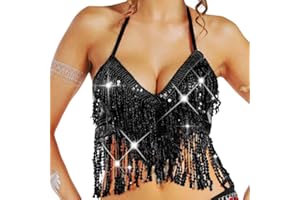 Nicute Silver Sequin Top Fringe Bra Top Sparkly Belly Dance Tops for Women