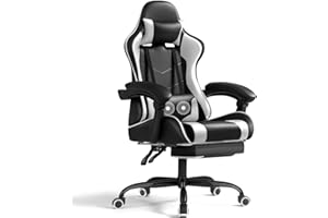 Shahoo Gaming Chair with Footrest and Massage Lumbar Support, Video Game Chairs 360°Swivel and Height Adjustable Seat with Headrest for Office or Bedroom, Study Room, White