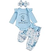AHUGHAUE Baby Cowgirl Outfit Letters Long Sleeve Ruffle Romper Floral Pants Headband Sets 1st Rodeo Clothes 0-18 Months