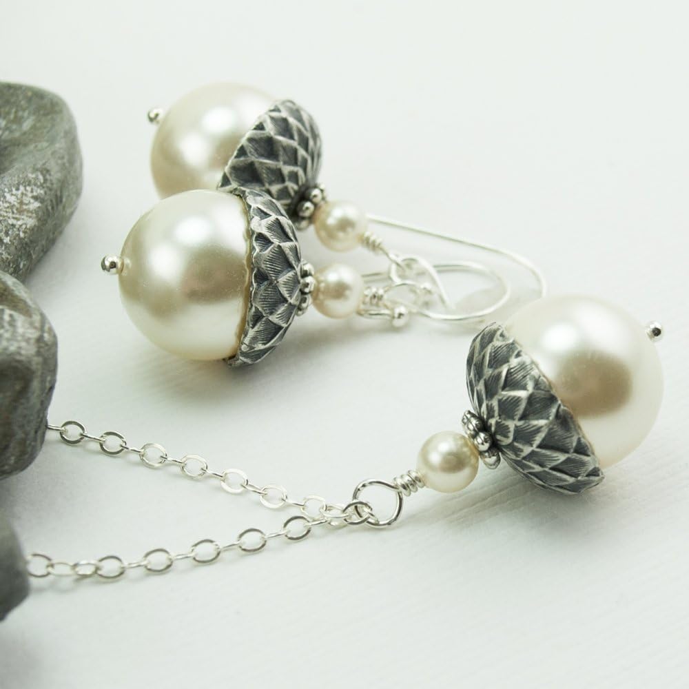 Acorn Jewelry Set Necklace and Earrings with Cream Shade Simulated Pearls from Swarovski, 16 inches