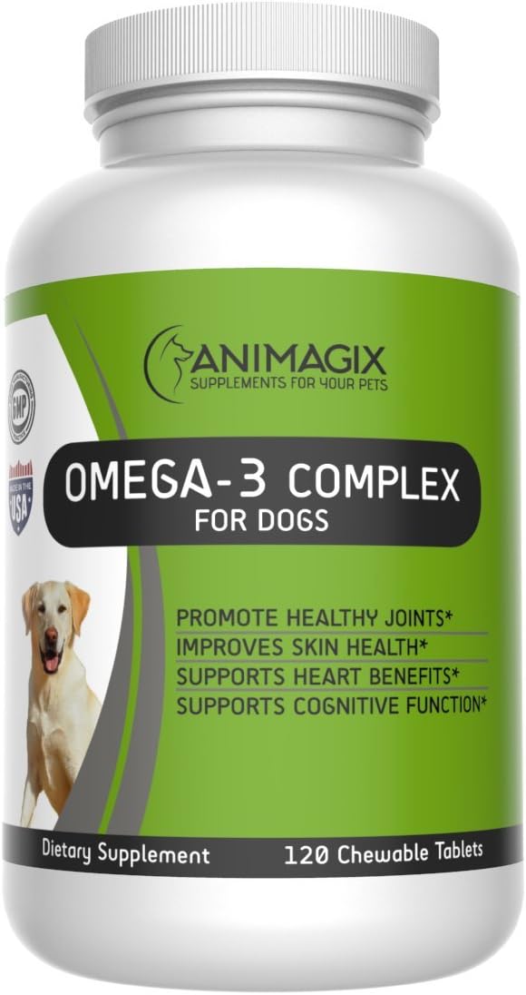 Animagix 100% Natural Fish Oil 457mg with Rich Omega 3 (18% EPA, 12% DHA), CoQ10 - Promote Healthy Bone, Joint, Brain and Shiny Coat - 120 Tasty Chewable Tablets For Your Lovely Dogs