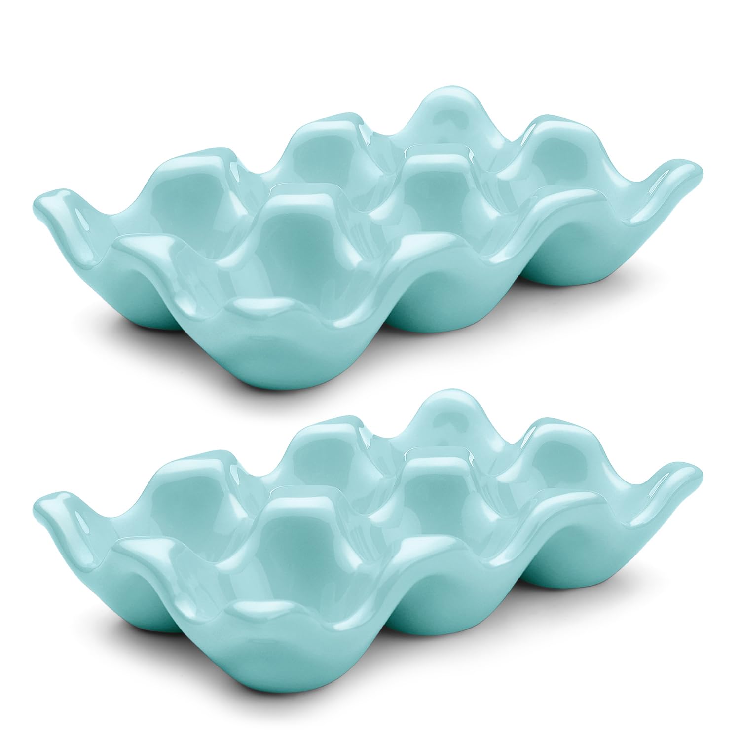 Flexzion Porcelain Egg Crate - 6-Egg Capacity Ceramic Egg Tray, Half Dozen Egg Holder for Fridge, Countertop Display - Blue Decorative Serving Dish and Storage Organizer, 2 Pack