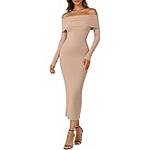 Simlakey Women's Off Shoulder Bodycon Sweater Dress Long Sleeve Fall Maxi Dress Elegant Cocktail Party Long Dresses