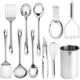 COOK WITH COLOR Kitchen Utensil Set - 10-piece premium Nonstick & Heat Resistant Kitchen Gadgets, Turner, Spaghetti Server, Serving Spoons, Whisk, Tongs, Masher & Utensil Holder, Stainless Steel