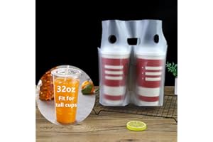 Elyfree Drink Carrier for Delivery, 32oz Drink Packaging Bags, 100PCS Clear Plastic Bags with Handle for 2 Cups/Drink Cups Delivery Take Out