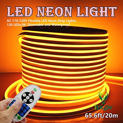 LED NEON Light, IEKOVTM AC 110-120V Flexible LED Neon Strip Lights, 120 LEDs/M, Dimmable, Waterproof 2835 SMD LED Rope Light + Remote Controller for Home Decoration (65.6ft/20m, Golden Yellow)