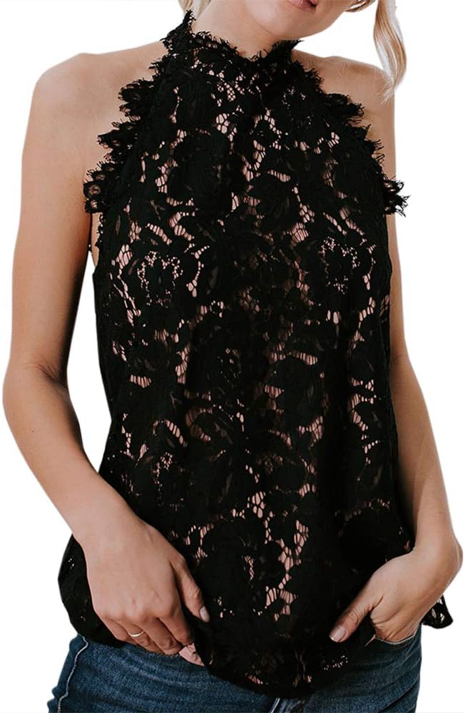 Women Lace Crochet Tank Top Halter Neck Floral Camisole Summer Sexy Nightout Blouse