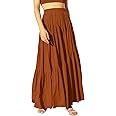ANRABESS Women’s Boho Elastic High Waist Pleated A-Line Flowy Swing Asymmetric Tiered Maxi Long Skirt Dress with Pockets