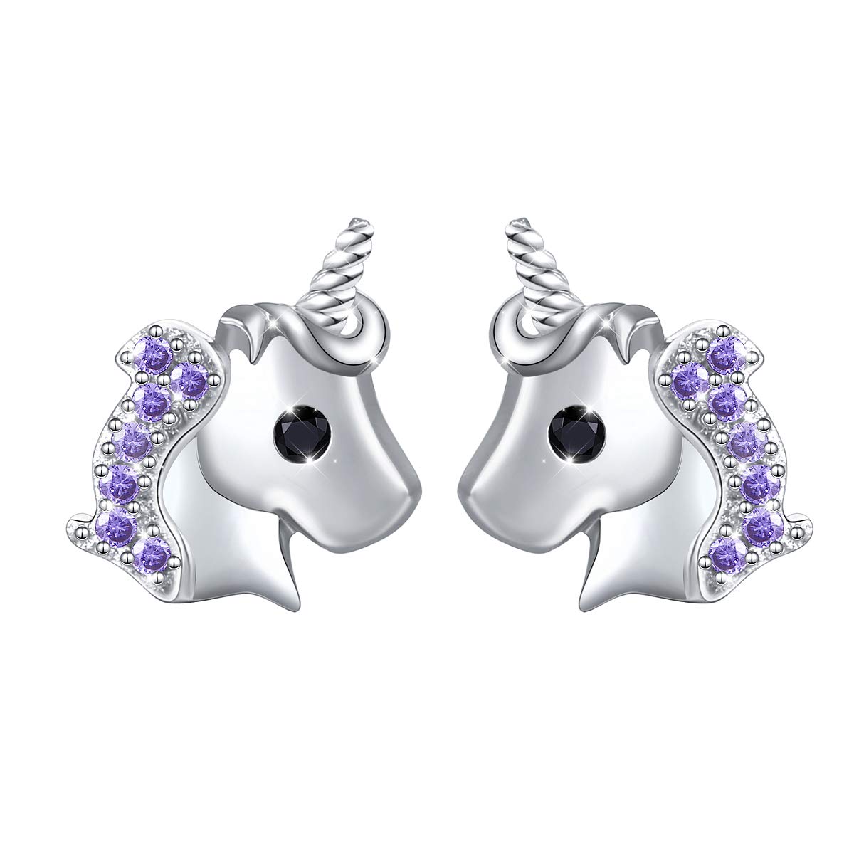 Flyow S925 Sterling Silver Jewelry Unicorn Stud Earrings for Women and Girls (Purple)