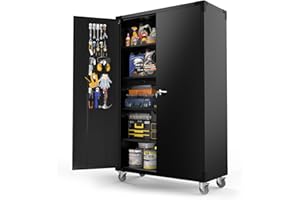 VINGLI Upgraded Wide & Deep Garage Storage Cabinet, Metal Storage Cabinet with Pegboards, Wheels, Locking Doors and Adjustable Shelves (Black, 43''W x 20''D x 72''H)