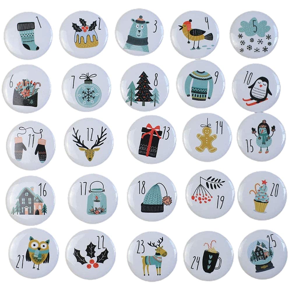 ARTOCT Christmas Calendar Numbers Buttons,1-25 Number Christmas Advent Calendar Round Buttons Calendar Badge Set for DIY Craft Advent Calendar Supplies