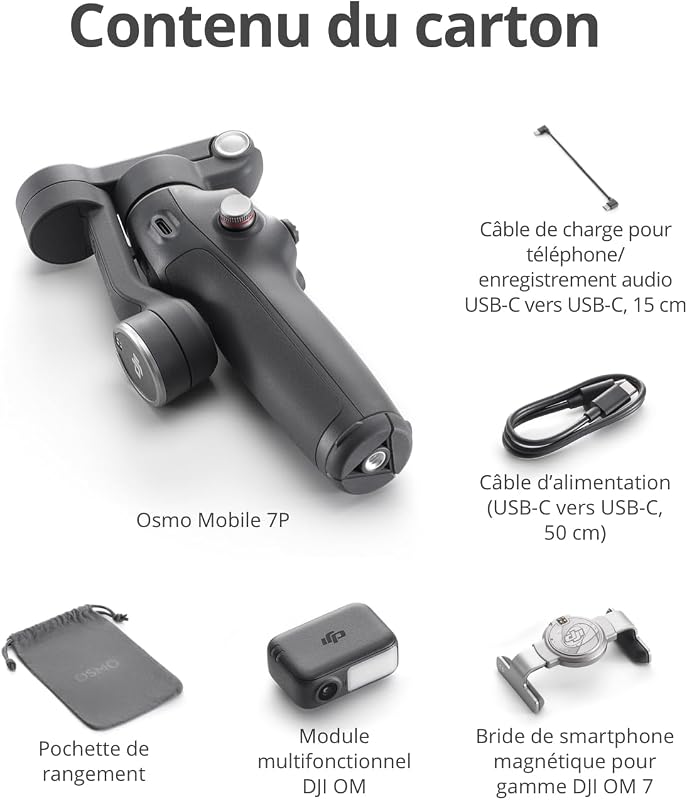Stabilisateur nacelle DJI Osmo Mobile 7P pour iPhone, Android, Suivi natif