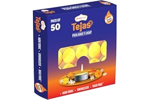 Shubhkart Tejas Puja Ghee T-Light Candle Set of 50, Non-Toxic Smokeless Wax-Free Tea Light Candles, Ideal for Home Decor, Prayers, Rituals, Weddings and Festive Decoration, 3 Hours Burn Time