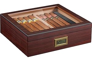 Flauno Cigar Humidor, Spanish Cedar Wood Humidor with Accurate Digital Hygrometer, Humidifier, Divider, Handcrafted Cigar Humidor Box Holds 40-60 Cigars, Gift for Cigar Lovers