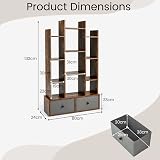 COSTWAY 12-Tier Tree Bookshelf Rustic Brown Wooden Bookcase with Folding Drawer view 3