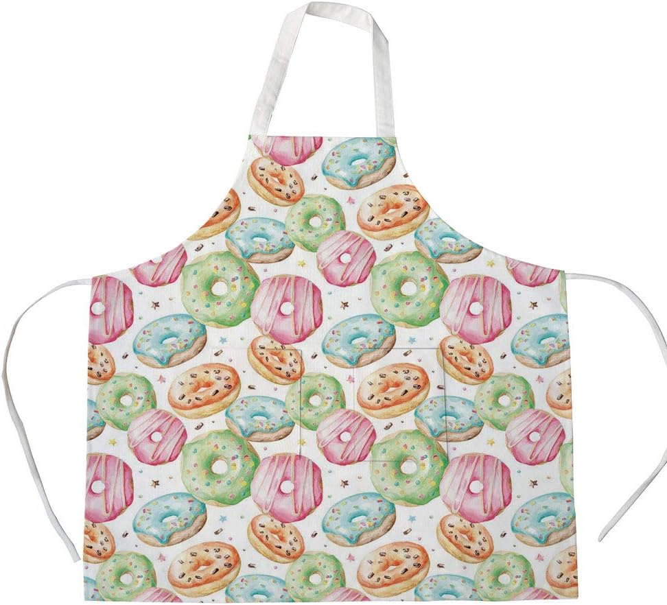 iPrint Cotton Linen Apron,Two Side Pocket,Watercolor,Sweet Delicious Donuts Pattern with Various Flavors Sprinkles Stars Background Decorative,Multicolor,for Cooking Baking Gardening