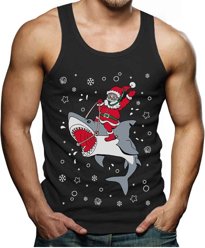 Tstars - Santa Riding On a Shark Ugly Christmas Holiday Men's Tank Top
