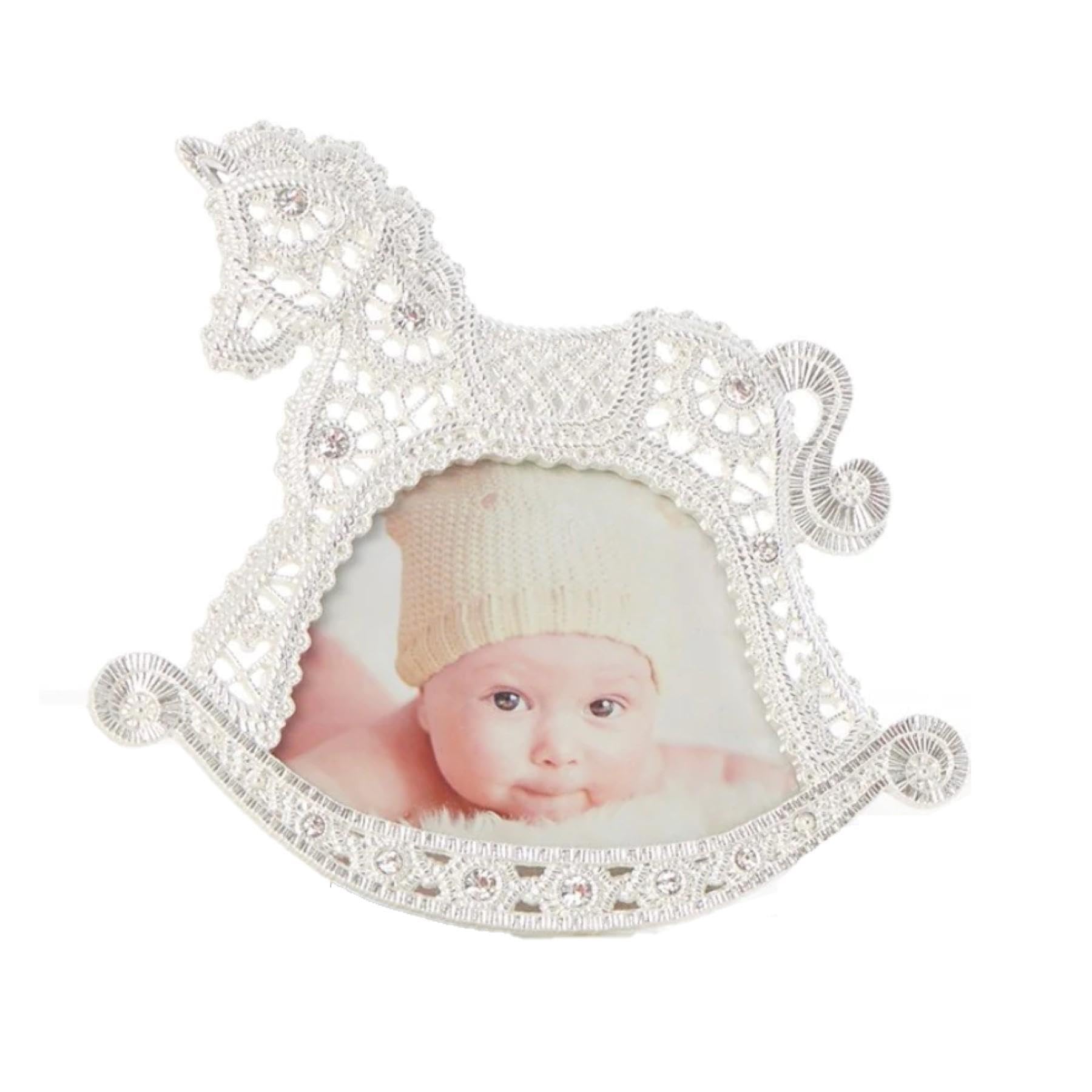 Baby Rocking Horse Christening Photo Frame 3' x 4' Diamante with Lace Effect 4833