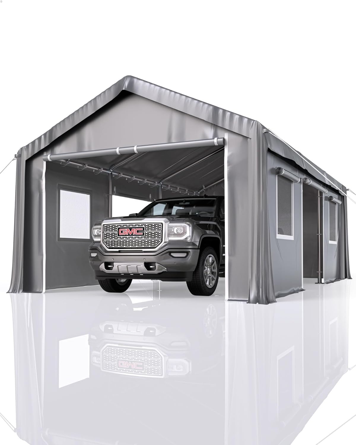 Photo 1 of GarveeLife 13 ft x 25 ft x 11 ft Carport Canopy Oversized, Heavy Duty Portable Garage with 180 g Pe Tarp, 6 Roll-Up Doors, and 4 Windows, for Full-Size Pickups, Bass Boats, Tractors, and Suvs, Grey