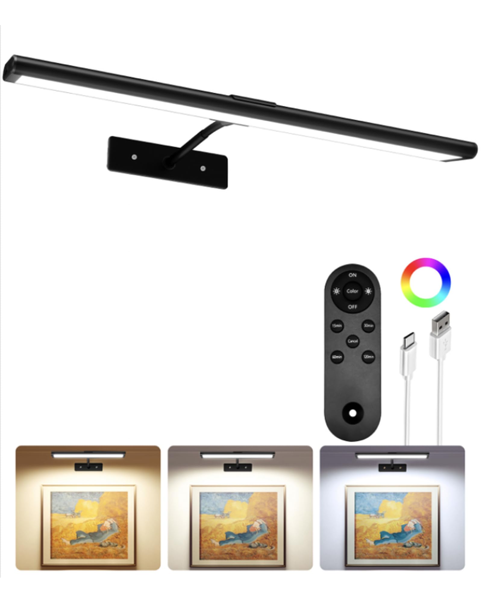 EZVALO Picture Light for Wall, 4800mAh Rechargeable Wireless Battery Lights for Painting, 16In Dimmable Magnetic LED RGB Art Display Light, Colors Temperatures, for Gallery, Living Room, Hallway Image