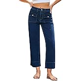 GRAPENT Wide Leg Jeans for Women Trendy High Waisted Straight Leg Cropped Stretchy Denim Pants with Retro Patch Pockets