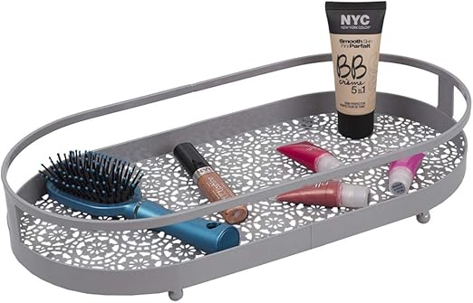 Home Basics Oval Lace Decorative Plastic Vanity Tray With Rounded Feet Grey Amazon Ca Home Kitchen