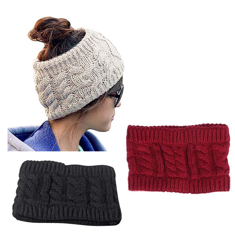 CRIVERS 3pc Winter Knitted Headband - Crochet Twist Hair Band Headwrap Hat Cap Ear Warmer (Beige,Black,Jujube red)(Size:M)