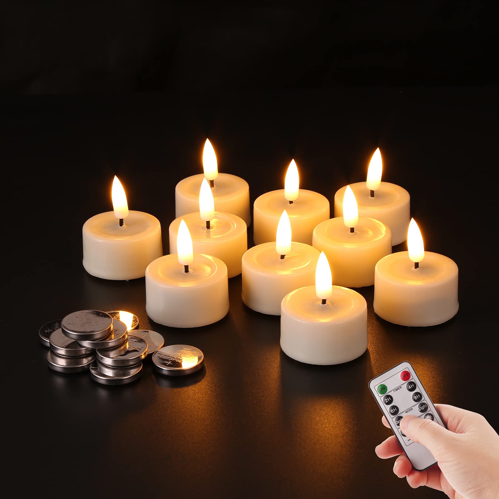 Photo 1 of Eywamage Ivory Flameless Wax Tealights with Remote Batteries, Realistic Flickering LED Tea Votive Candles Set of 10