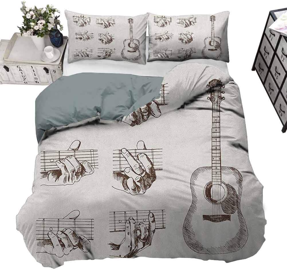 Duvet Cover Set Guitar Modern Pattern Bedding Set Sketch Art Style Instrument and Chords Acoustic Flamenco Technique Skill Talent Decorative 3 Piece Bedding Set with 2 Pillow Shams, Twin Size