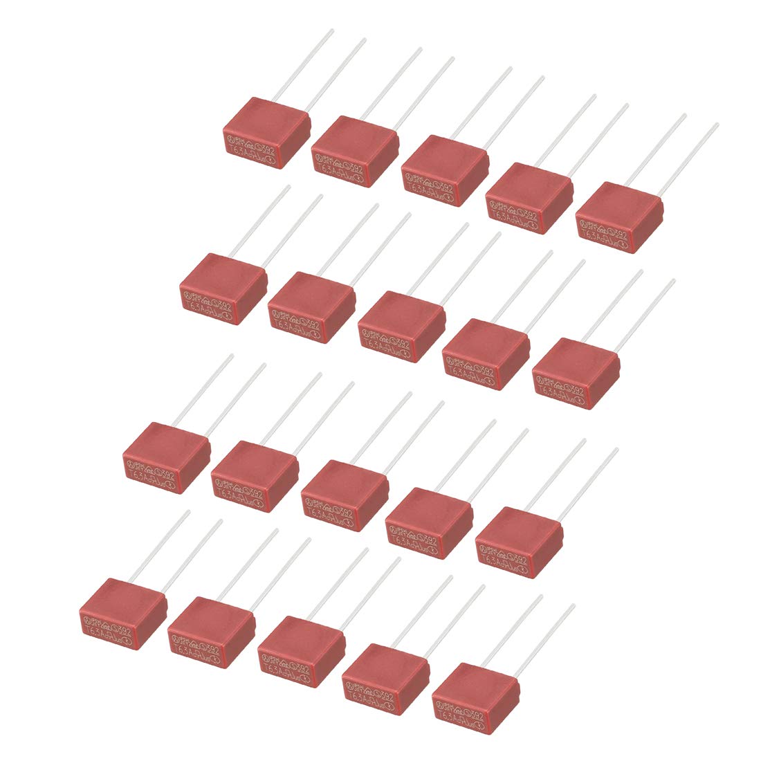 sourcing map 20Pcs DIP Mounted Miniature Square Slow Blow Micro Fuse T6.3A 6.3A 250V Red