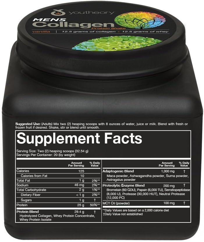 Youtheory Mens Collagen Protein Shake Vanilla With Whey Protein 24 Ounce Bottle