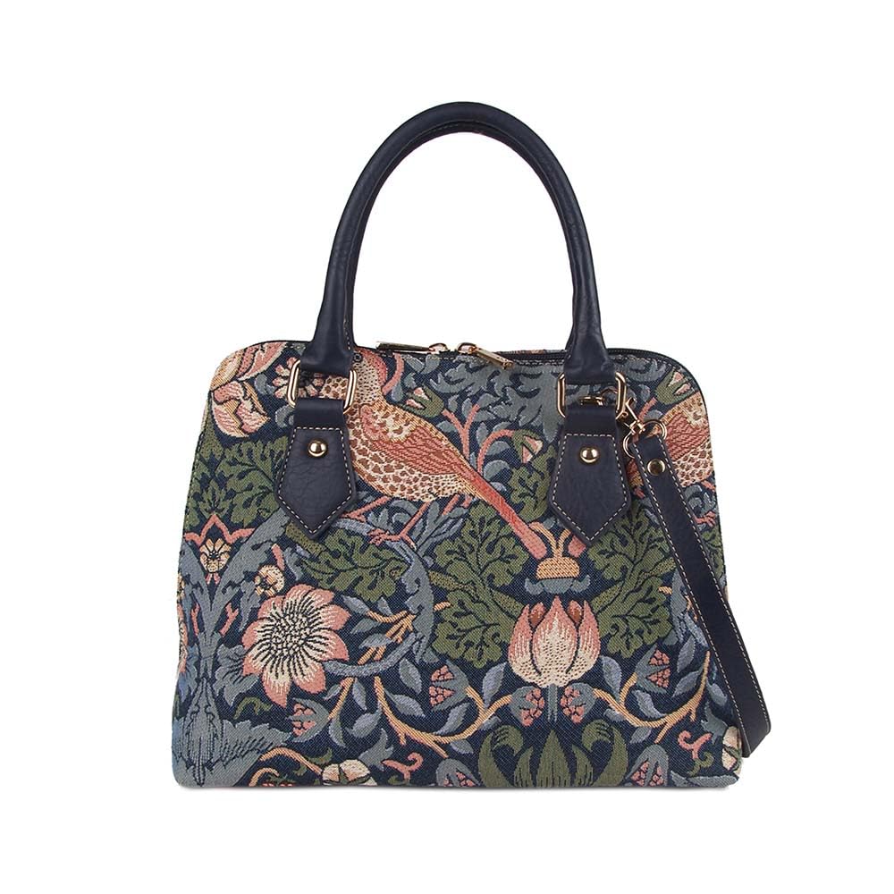 Signare Women's Tapestry Tote Bag – William Morris Inspired Floral Design, Large Shoulder Bag for Shopping and Travel (Strawberry Thief Blue)