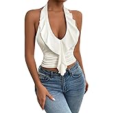 SOLY HUX Women's Ruffle Trim Halter Tops Ruched V Neck Sleeveless Going Out Crop Tops